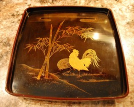 Japanese Lacquer Tray with Rooster, Bamboo Decoration in Taka-Maki-e Tec... - $371.25