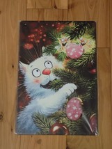 Metal Tin Decorative Art Sign Wall Hanging Decor Cat In Christmas Tree F... - $19.80