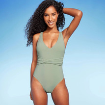 Shade &amp; Shore Womens Green Ribbed Twist &amp; Plunge Front 1 Pc Swimsuit Lar... - $5.94