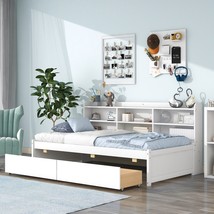 Twin Bed with Side Bookcase, Drawers,White - $462.38