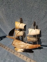 Handcrafted Sail Ship Cow Horn 2 Masts Nautical Decor Souvenir Light Color - £11.20 GBP