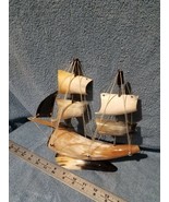 Handcrafted Sail Ship Cow Horn 2 Masts Nautical Decor Souvenir Light Color - £11.14 GBP