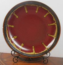 Vintage Ceramic Decorative 18.75&quot; Plate Aged Red With Gold Trim With Metal Stand - $43.75