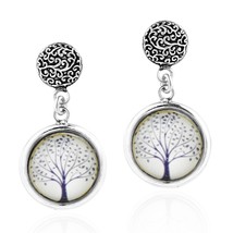 Chic Winter Tree of Life Enamel Circle Frame Sterling Silver Post Drop Earrings - $19.79