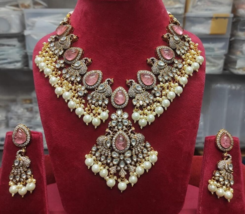 Bollywood Style Indian Pink Gold Plated CZ Kundan Necklace Earrings Jewelry Set - £192.07 GBP