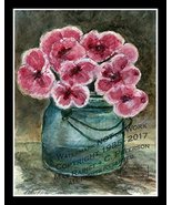 &quot;Claire&#39;s pink flowers in an old Ball jar.&quot; A cluster of flowers in a vi... - £200.78 GBP