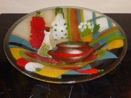 Peggy Karr Fused Art Glass 13 1/4&quot; Round Red Chilis In Kitchen Bowl - £87.04 GBP