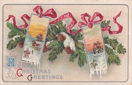Christmas Greetings Bookmarks Red Ribbon Pine Swag Embossed Postcard D53 - $2.99
