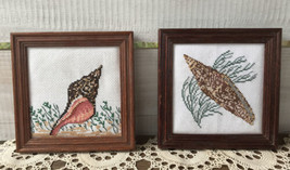  Vtg Pr Framed Completed Needlepoint Seashells Conk Seagrass Cross Stitch 6 1/4&quot; - £19.56 GBP