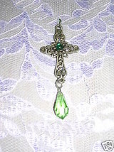 New Engraved Pewter Scroll Cross W Green Crystal Dangle On Adj Cord Necklace - £25.97 GBP