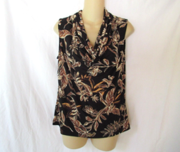 Tahari top blouse cowl neck Medium black brown floral leaf print sleeveless - $17.59