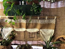 Natural Burlap/Lace/Muslin Valance/Curtain With Non Adjustable Tie Ups - £17.40 GBP