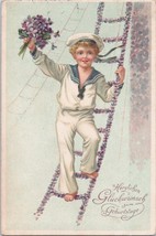 ZAYIX - Happy Birthday Sailor Boy Flower Ladder Embossed Postcard Germany c1910 - £19.48 GBP