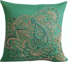 Green Throw Pillow Cover, Zardozi Indian Paisley 16&quot;x16&quot; Cotton, Paisley Seas - £36.01 GBP+
