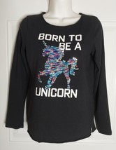 SO Black Long Sleeve Round Neck &#39;Born to Be A Unicorn&#39; Sequin Unicorn Bl... - $9.49