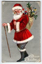 Santa Claus Christmas Postcard Jolly Saint Nick Holds Cane Embossed Vintage 1909 - £10.46 GBP