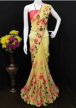 Yellow Printed designer Georgette saree - £30.27 GBP