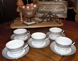 10 Piece Sango Platina Tea Cup &amp; Saucer Set Gray Band Platinum Trim - £27.96 GBP