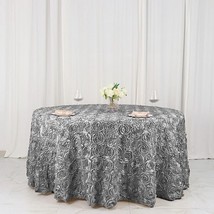 Silver Ribbon Roses 120&quot;&quot; Round Tablecloth Fancy Light Gray Party Cateri... - £56.98 GBP