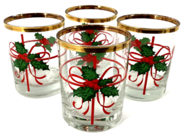 MCM Christmas Holly &amp; Berries Rocks  Glasses 4 Old Fashioned GOLD RIMMED... - £38.83 GBP