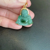 14K Solid Yellow Gold Happy Laughing Buddha Green Jade Small Pendant Male - £391.65 GBP