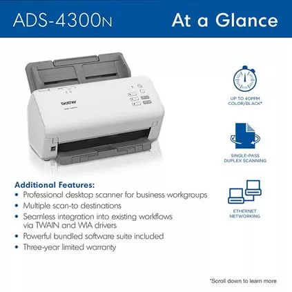 ADS-4300N BROTHER PRO SCANNER  WORKGROUPS WITH HIGH SCAN VOLUMES - £286.91 GBP