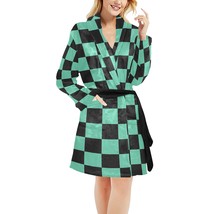 Women&#39;s Demon Anime Checkered Black Green Fleece Robe - $54.00