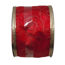 Sheer Red Ribbon Gold Trim Glitter Swirls Wired Christmas Bow Wedding 3.75&quot; 50ft - £11.95 GBP