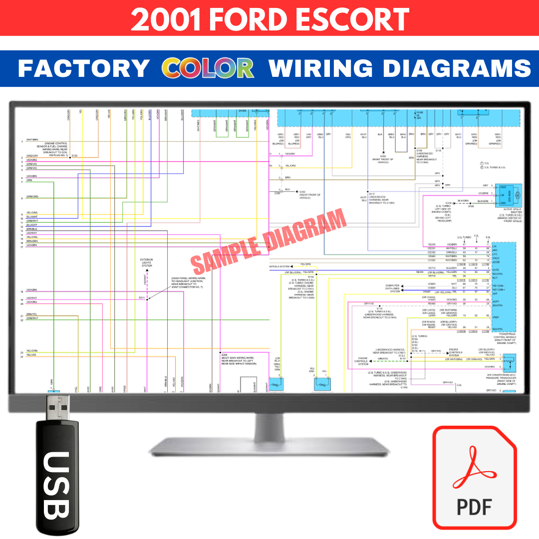 2001 Ford Escort Complete Color Electrical Wiring Diagram Manual USB - $24.95