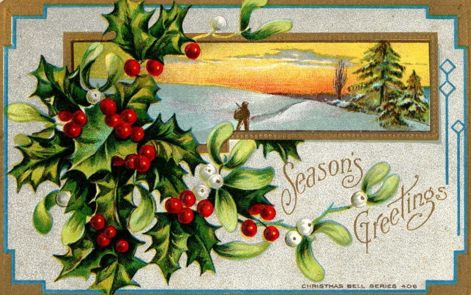 1911 Embossed Winter Sunset &amp; Mistletoe Christmas Postcard - $3.71