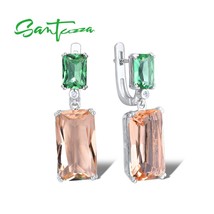 Silver Earrings For Women 925 Sterling Silver Shiny Green Champagne Crystal Dang - £37.17 GBP