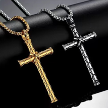 Mens Silver Gold Cross Pendant Lords Prayer Necklace Stainless Steel Chain 24&quot; - £9.60 GBP