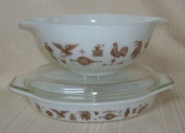 Vintage PYREX Cinderella bowl and divided baking dish 443 Americana Patriotic - £30.60 GBP