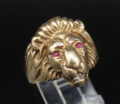 10K GOLD - Vintage Lion Head With Ruby Eyes &amp; Genuine Diamond Ring Sz 9.... - £454.83 GBP
