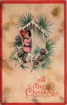 Christmas Greetings Elf Peeking into Snow Flocked Bird House Postcard T19 - $3.95
