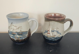 2 Handcrafted Studio Pottery Cup Mug Cups Mugs Beach Ocean Sea Sailing FS - $29.70