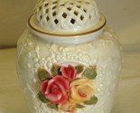 Creamy White Ginger Jar 3D Trellis Rose Vine Gold Accents - $39.59