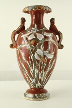 Vintage Art Pottery Glazed Chinese Phoenix Bird Handle Iris Flower Orange Vase - £56.89 GBP