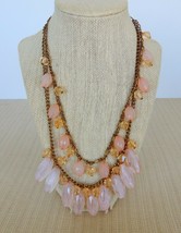 Gold tone pink &amp; champagne beaded two strand chandelier bohemian necklace - £11.99 GBP