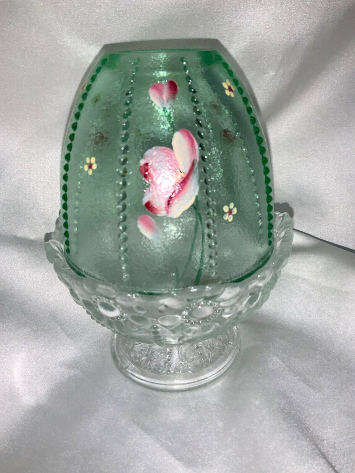 Fenton Art Glass Hand Painted Key Lime Green Crystal Fairy Lamp Item# 08405HP2 - $139.00
