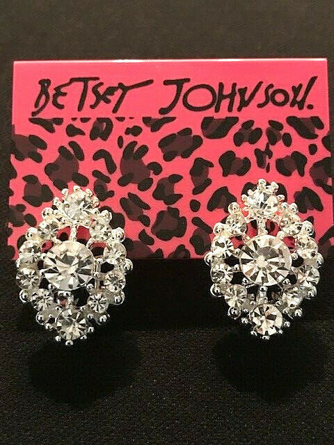 Betsey Johnson Silver Alloy White Clear Crystal Flower Lever Back Post Earring - £6.40 GBP