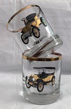 2 Classic Car Cocktail Gold Rimmed Glasses 1903 Cadillac 1912 Chevrolet - £22.55 GBP