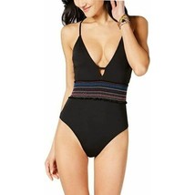 Bar III Smocked Plunging One Piece Swimsuit Black M New Rainbow Embroidered - £14.84 GBP