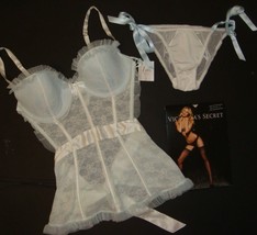 Victoria&#39;s Secret 34D apron BABYDOLL S WHITE lace BLUE crystallized Brid... - $148.49