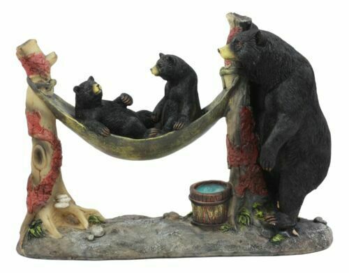 Mother Black Bear With Cubs In Outpost Camping Hammock Statue Wildlife Forest