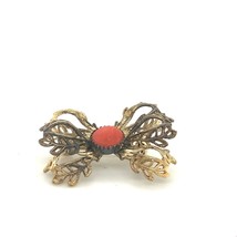 Vintage Signed Sterling JP Art Nouveau Etch Bow Ribbon Coral Stone Brooch Pin - £28.40 GBP
