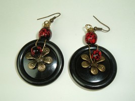 Vintage Black Red statement Earring Danglers Buttons floral handmade Boho - $9.89