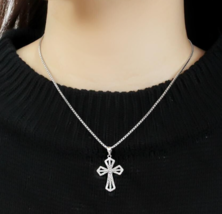 Vintage Christian Cross Simulated Diamond Pendant Rhodium Plated Necklace 16&quot; - £45.33 GBP