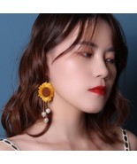 Sunflower Embroidered Dangle Hook Earring | Handmade Women Floral Drop E... - $29.00