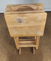 Set of 4 Folding Wood TV Stand Tray Tables With Holding Rack Blonde Color - $34.99